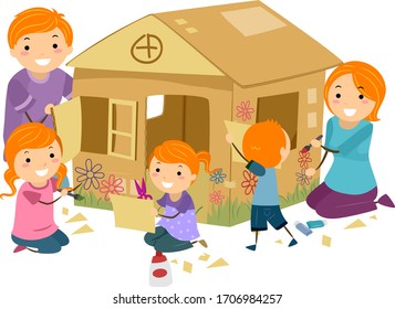 Illustration Of Stickman Family Building A Cardboard Playhouse