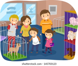 Illustration of Stickman Family Buying a Dog From a Pet Store