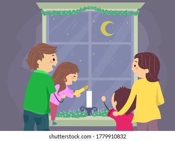 Illustration of Stickman Family by the Window Lighting Candle in Christmas Eve