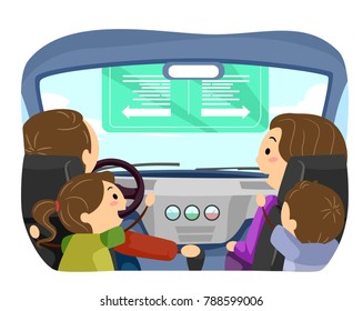 Illustration of Stickman Family in the Car. The Father Driving and the Mother Teaching Kids About Direction Sign