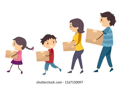 Illustration of a Stickman Family Carrying Cardboard Boxes Moving In Their New Home