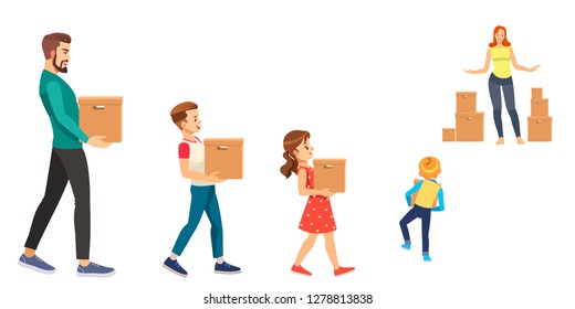 Illustration of a Stickman Family Carrying Cardboard Boxes Moving In Their New Home