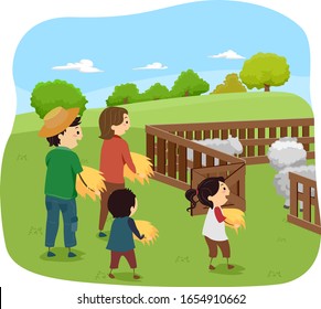 Illustration of Stickman Family Carrying Hay and Entering a Wooden Sheep Pen to Feed the Sheep in their Farm