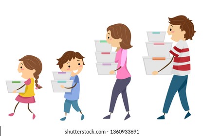 Illustration of Stickman Family Carrying Stacks of Storage for Organization