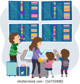 Illustration of a Stickman Family Checking Flight Information at the Airport