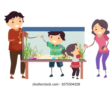 Illustration of a Stickman Family Decorating an Aquarium