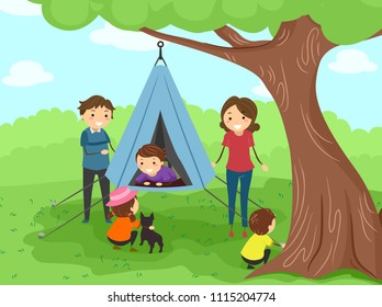 Illustration of Stickman Family with Dog Playing with Hanging Tent in their Garden