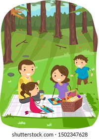 Illustration of Stickman Family Eating and Having a Picnic in the Woods or Forest