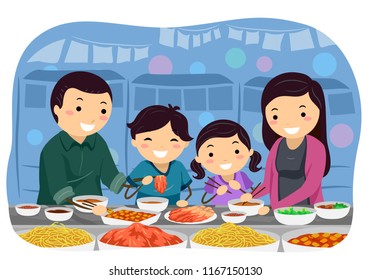 Illustration of a Stickman Family Eating and Trying Out Different Foods From a Korean Market Stall