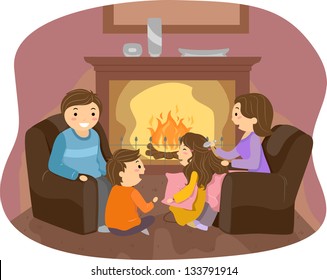 Illustration of Stickman Family enjoyng in front of the Fireplace