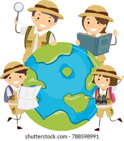 Illustration of Stickman Family Explorer Around a Globe