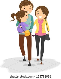 Illustration of Stickman Family with the Father Carrying their Daughter while Walking