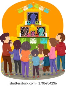 Illustration of Stickman Family Gathered at the Altar to Celebrate Day of the Dead