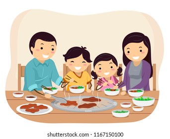 Illustration of Stickman Family Grilling Barbecue On Their Table in a Restaurant