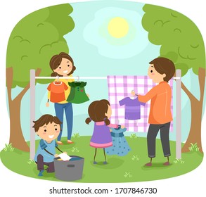 Illustration of Stickman Family Hanging Clothes in Clothesline