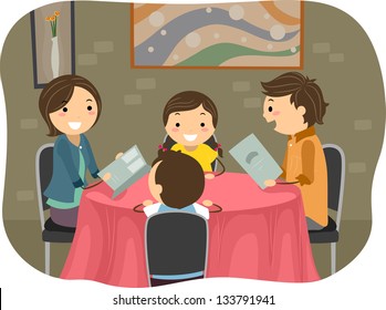 Illustration of a Stickman Family having a Dinner in a Restaurant