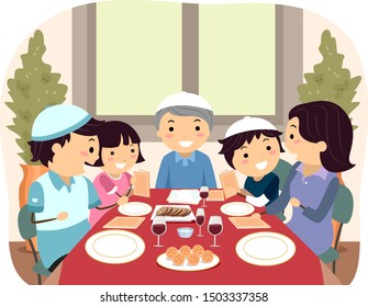 Illustration Of Stickman Family Having A Jewish Passover Dinner