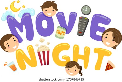 Illustration Of Stickman Family Heads With Movie Night Lettering And Television Remote Control, Popcorn, Pizza And The Moon