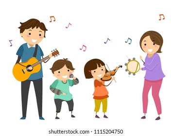 Illustration of Stickman Family Holding a Guitar, Microphone, Violin and Tambourine