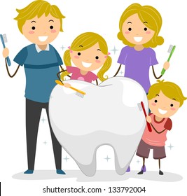 Illustration of Stickman Family holding a Toothbrush cleaning a Big Tooth