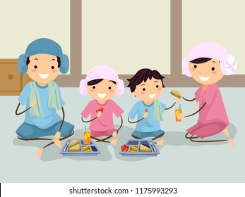 Illustration of Stickman Family Inside a Korean Spa with Towels Wrapped on their Heads and Eating