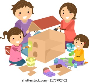 Illustration of Stickman Family with Kid Girls Making a Doll House from Cardboard and Paint