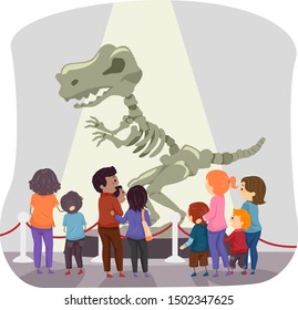 Illustration Of Stickman Family Looking At A Dinosaur Bone Display In A Museum