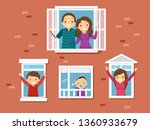 Illustration of a Stickman Family Looking Out the Window and Waving from their Home