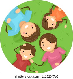 Illustration of Stickman Family Lying on the Grass in Circle