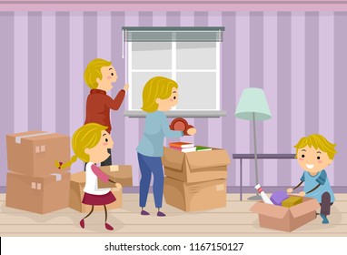 Illustration of Stickman Family Moving In a New Home