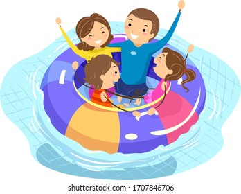 Illustration of Stickman Family on a Big Flotation Device in Swimming Pool