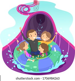 Illustration of Stickman Family on Floater Slide in a Water Park