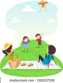 Illustration of Stickman Family on a Picnic with Kids Flying Kite Outdoors