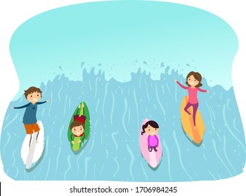 Illustration of Stickman Family on Surfboards Learning Surfing