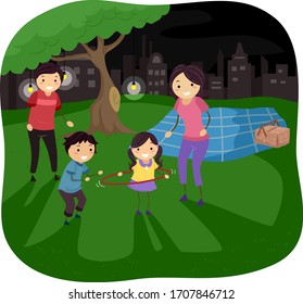 Illustration of Stickman Family Outdoors in the Park Having Night Picnic