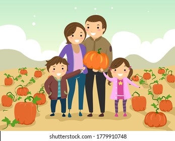 Illustration of a Stickman Family Outdoors and Picking Pumpkins