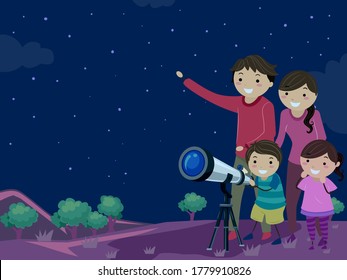 Illustration Of A Stickman Family Outside At Night Star Gazing Using Telescope