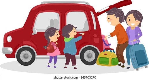 Illustration of Stickman Family Placing Traveling Bags in Car