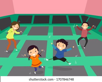 Illustration of Stickman Family Playing in a Big Indoor Trampoline