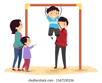 Illustration of Stickman Family Playing with Horizontal Bar  in the Park