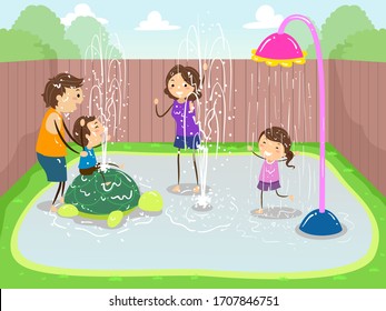 Illustration of Stickman Family Playing in Splash Pod in their Backyard