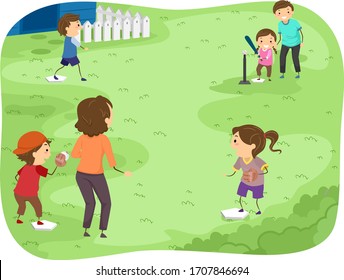 Illustration of Stickman Family Playing Tee Ball Outdoors