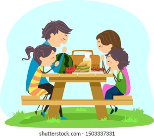 Illustration Of Stickman Family Praying Before Eating While Having A Picnic On A Bench