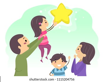 Illustration of Stickman Family Reaching for a Star. Reaching for the Stars