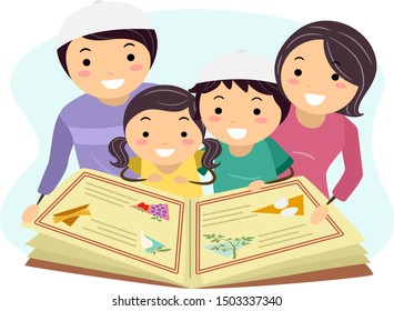 Illustration of Stickman Family Reading Haggadah During Passover