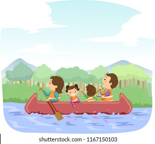 Illustration of Stickman Family Riding the Canoe and Enjoying Outdoors