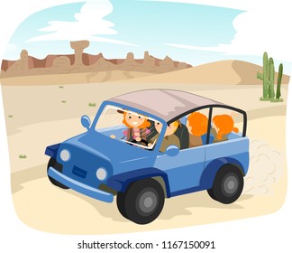 Illustration of a Stickman Family Riding and Exploring the Desert