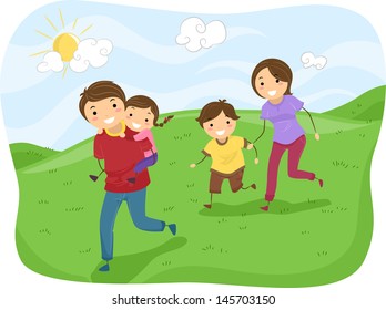 Illustration Of Stickman Family Running On The Hills