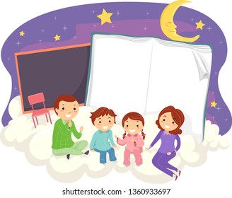 Illustration of Stickman Family Sitting Down on the Clouds with Open Book and Blackboard. Night School