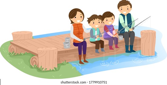 Illustration of a Stickman Family Sitting Down a Lake Dock and Fishing